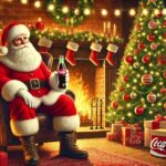 Santa Claus sitting near a cozy Christmas tree holding a bottle of Coca-Cola, reflecting the nostalgic holiday imagery popularized in the 20th century.