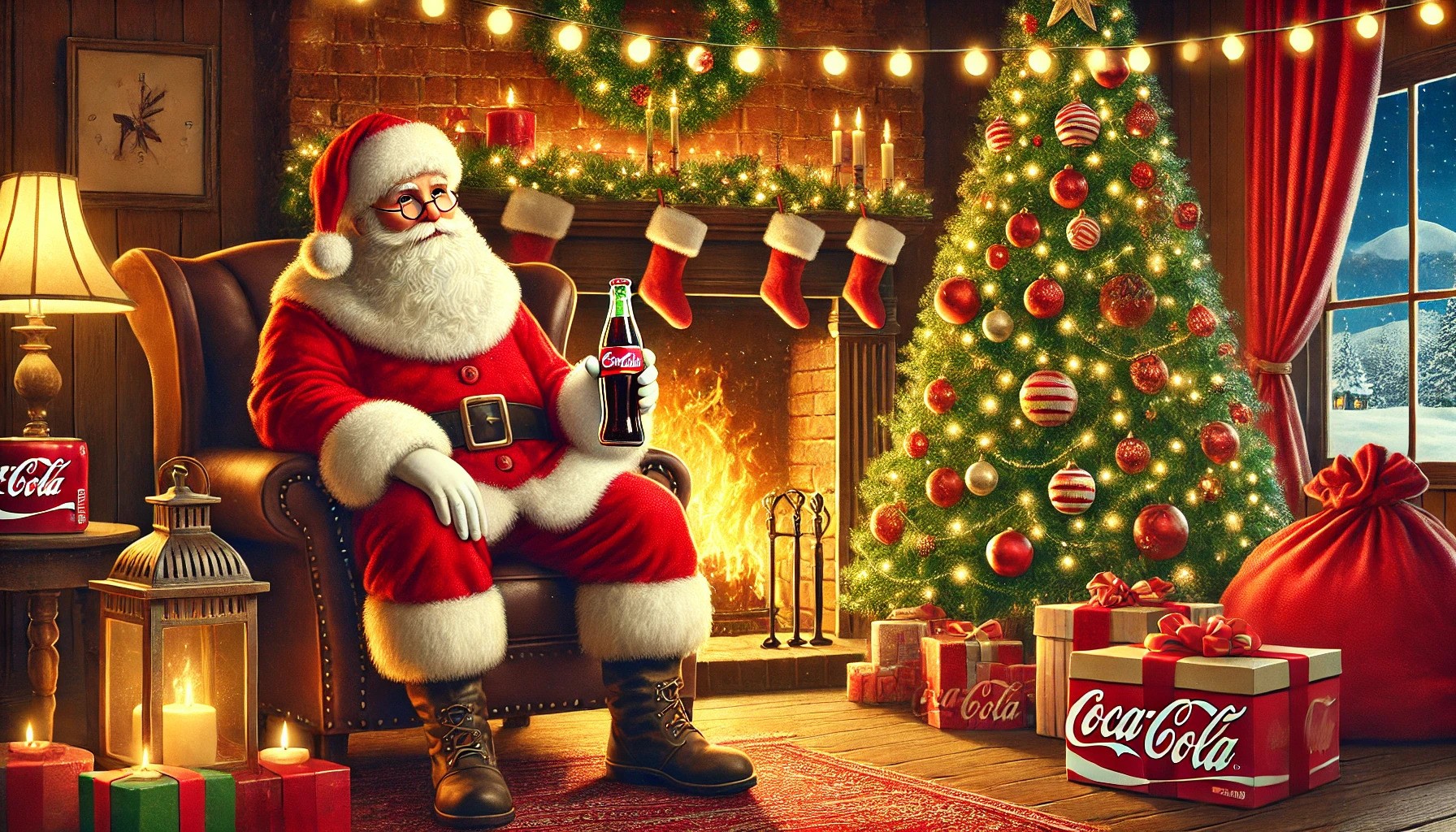 Santa Claus sitting near a cozy Christmas tree holding a bottle of Coca-Cola, reflecting the nostalgic holiday imagery popularized in the 20th century.