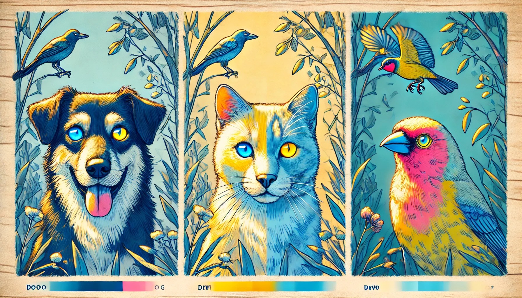 Comparison of human vision, dog vision (blue and yellow shades), and bird vision (including ultraviolet light), showing how animals see the world differently.