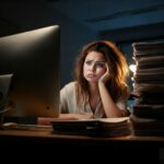 A person sitting at a desk, looking bored and unmotivated.